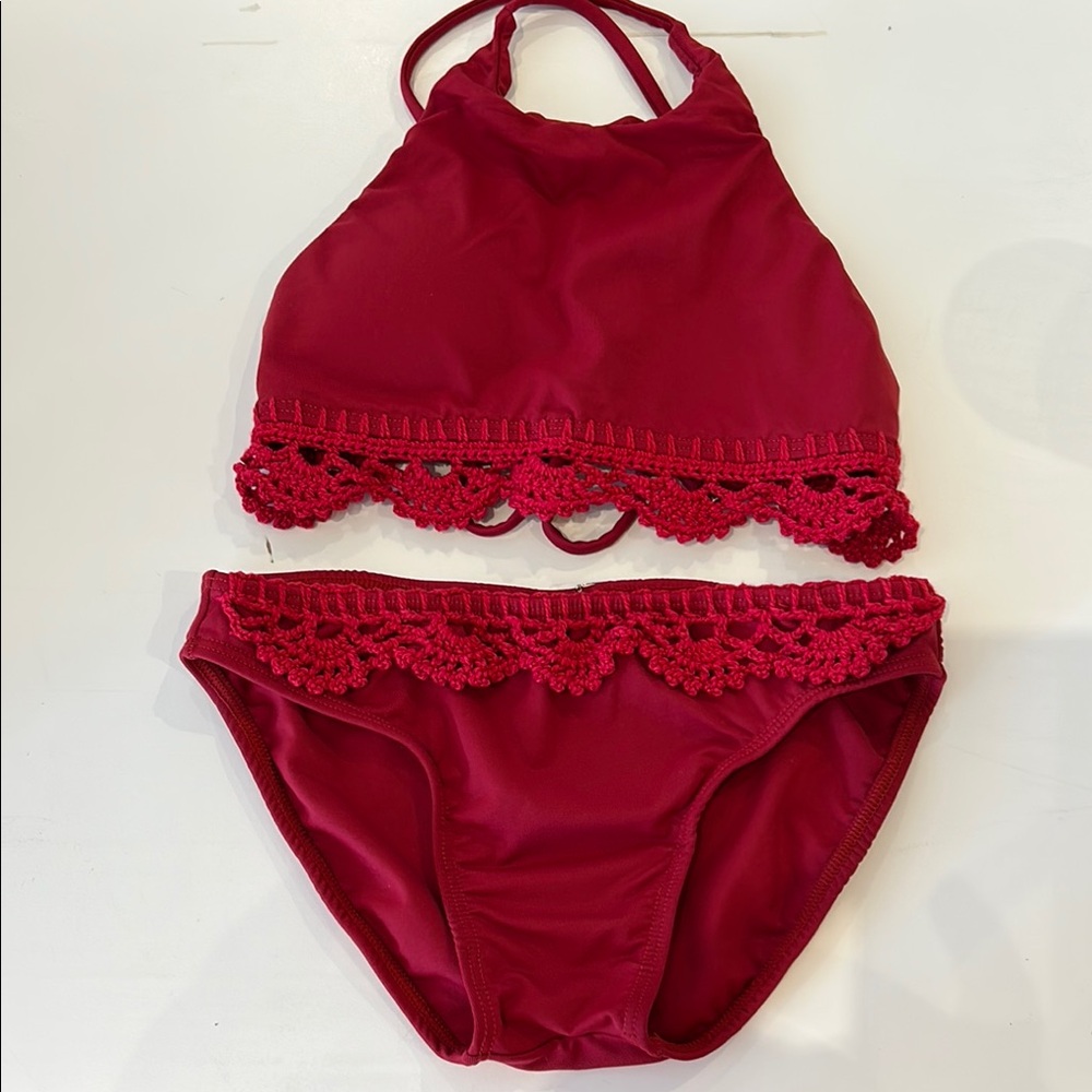 Kids Red Crochet Detail Halter Bikini Set